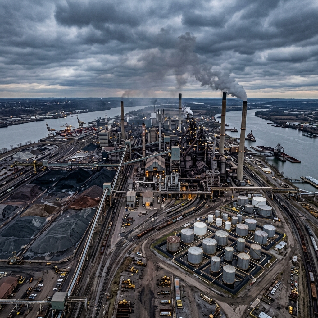 An aerial view of a large industrial manufacturing complex with massive smokestacks, steel structures, conveyor belts, and heavy equipment, surrounded by raw materials and storage tanks, overcast sky with dramatic clouds, industrial landscape photography, no people
